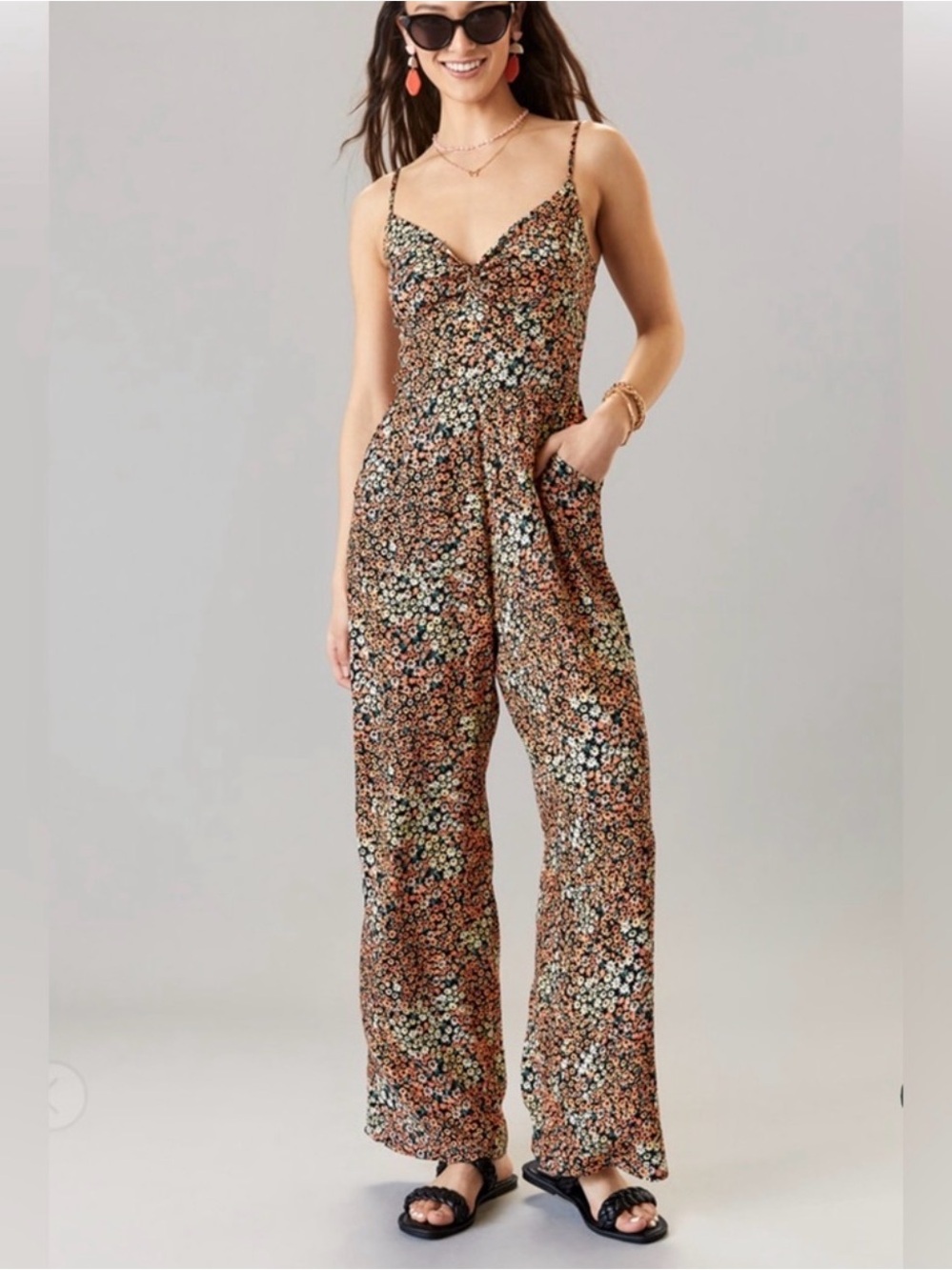 Mi Ami for Francesca’s Black Floral Smocked Wide Leg Jumpsuit Large